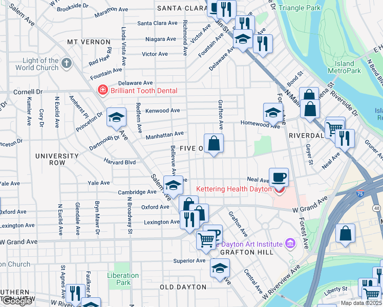 map of restaurants, bars, coffee shops, grocery stores, and more near 210 Richmond Avenue in Dayton