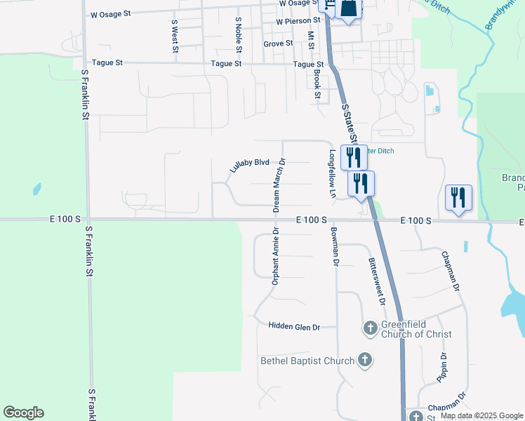 map of restaurants, bars, coffee shops, grocery stores, and more near 329 Bear Story Boulevard in Greenfield