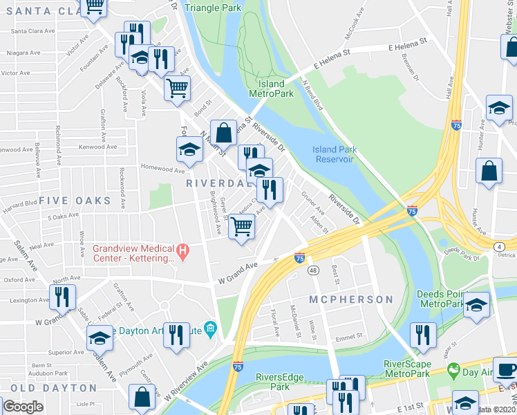 map of restaurants, bars, coffee shops, grocery stores, and more near 15 Neal Avenue in Dayton