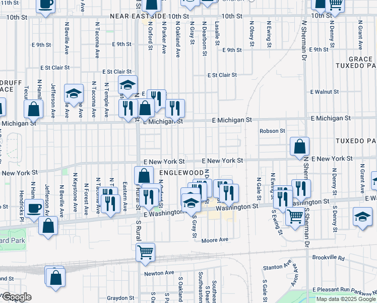 map of restaurants, bars, coffee shops, grocery stores, and more near 318 North Gray Street in Indianapolis