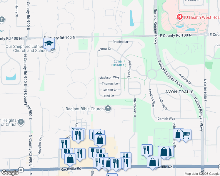 map of restaurants, bars, coffee shops, grocery stores, and more near 9728 Gibbon Lane in Avon