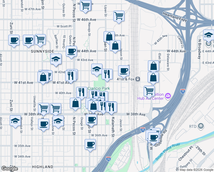 map of restaurants, bars, coffee shops, grocery stores, and more near 4038 Lipan Street in Denver