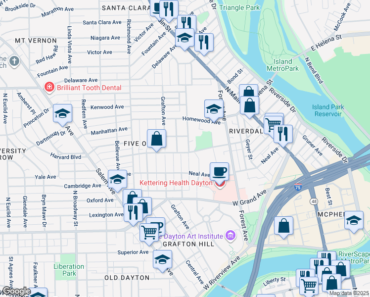 map of restaurants, bars, coffee shops, grocery stores, and more near 909 Old Orchard Avenue in Dayton