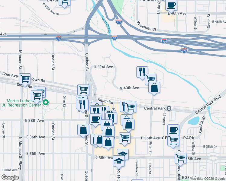 map of restaurants, bars, coffee shops, grocery stores, and more near 3980 Quebec Street in Denver