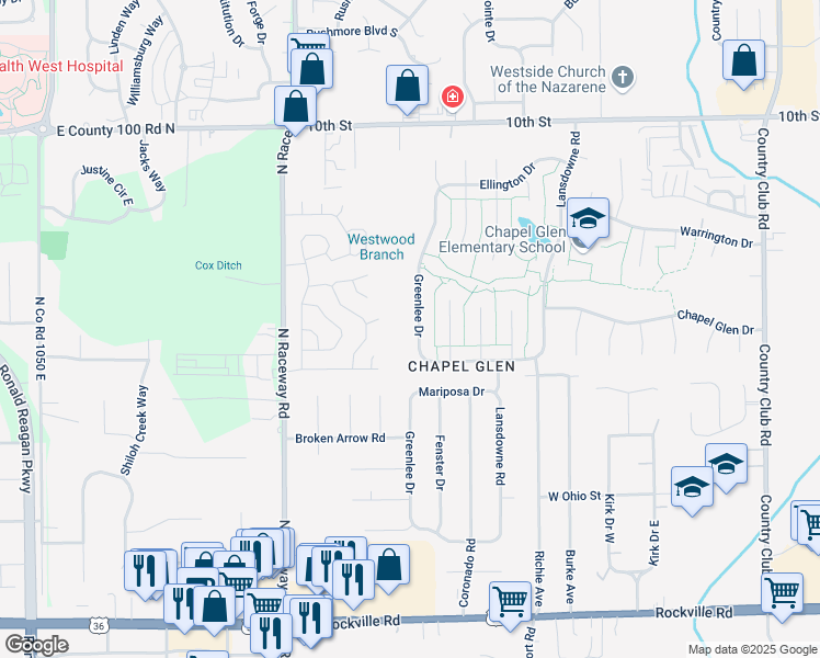 map of restaurants, bars, coffee shops, grocery stores, and more near 504 Greenlee Drive in Indianapolis