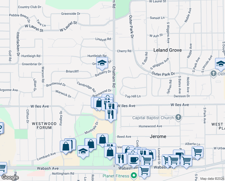 map of restaurants, bars, coffee shops, grocery stores, and more near 2500 Old Chatham Rd in Springfield
