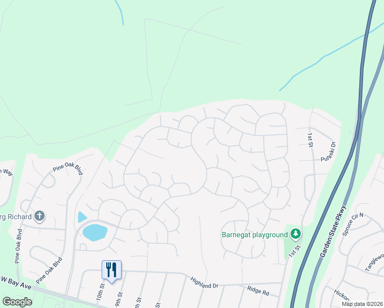 map of restaurants, bars, coffee shops, grocery stores, and more near 163 Mirage Boulevard in Barnegat Township