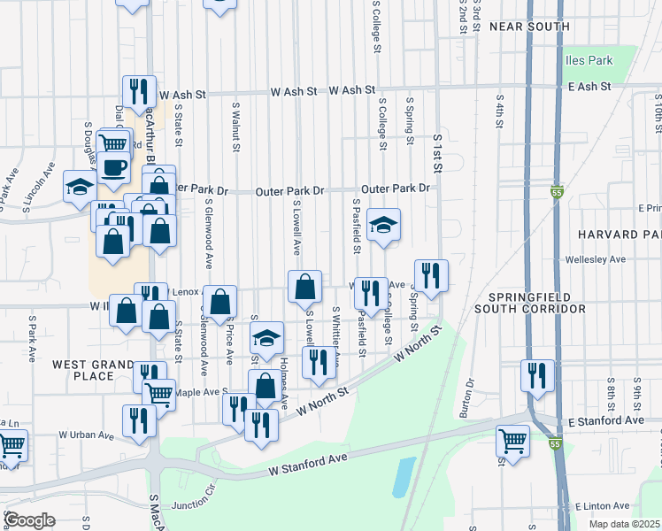 map of restaurants, bars, coffee shops, grocery stores, and more near 2308-2598 South Whittier Avenue in Springfield
