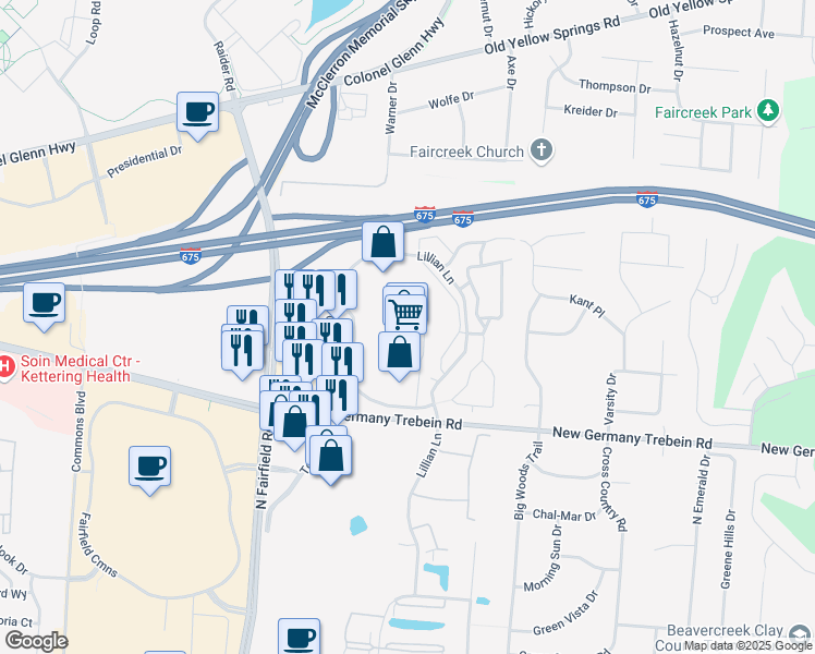 map of restaurants, bars, coffee shops, grocery stores, and more near 2850 Centre Drive in Beavercreek