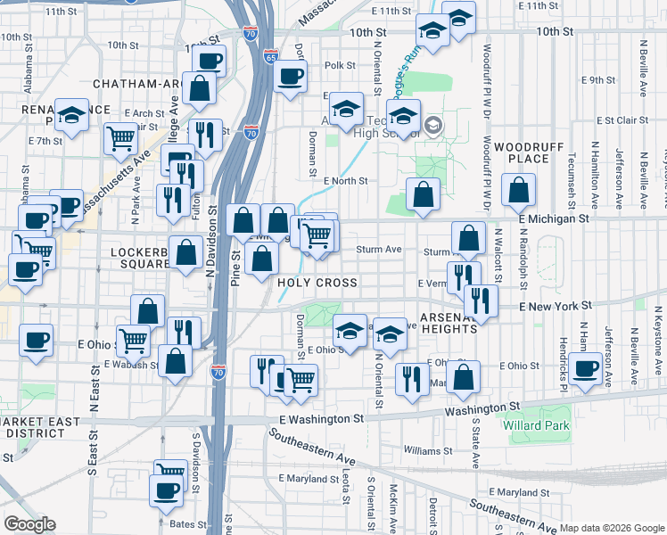 map of restaurants, bars, coffee shops, grocery stores, and more near 406 North Highland Avenue in Indianapolis