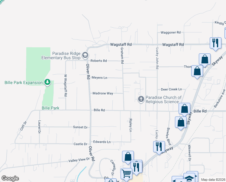 map of restaurants, bars, coffee shops, grocery stores, and more near 723 Madrone Way in Paradise