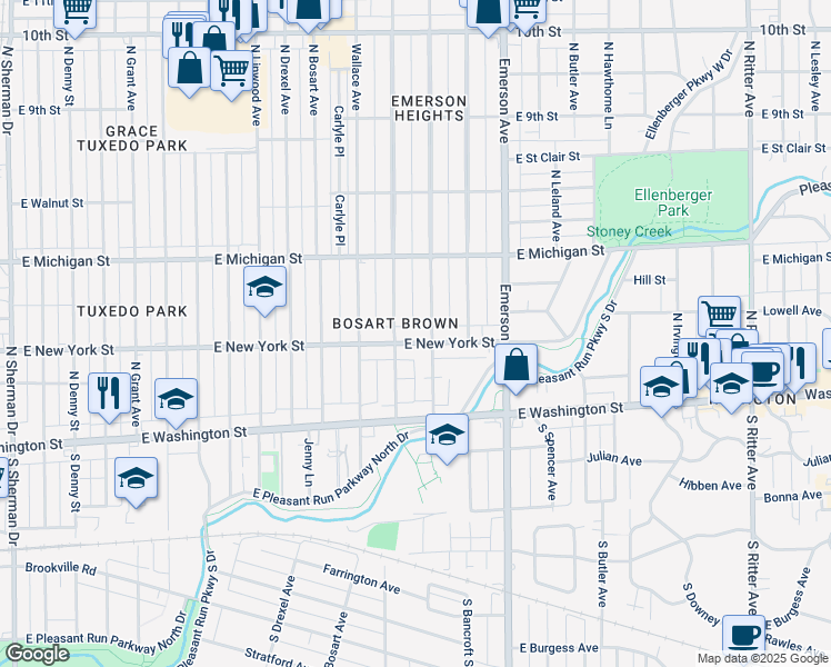 map of restaurants, bars, coffee shops, grocery stores, and more near 4918 East New York Street in Indianapolis