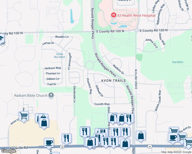 map of restaurants, bars, coffee shops, grocery stores, and more near 10146 Stillwell Drive in Avon