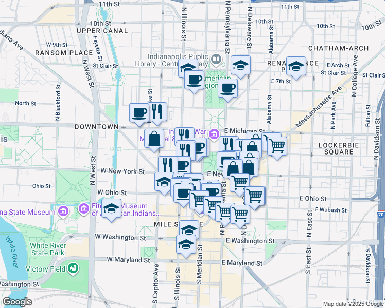 map of restaurants, bars, coffee shops, grocery stores, and more near 350 North Meridian Street in Indianapolis