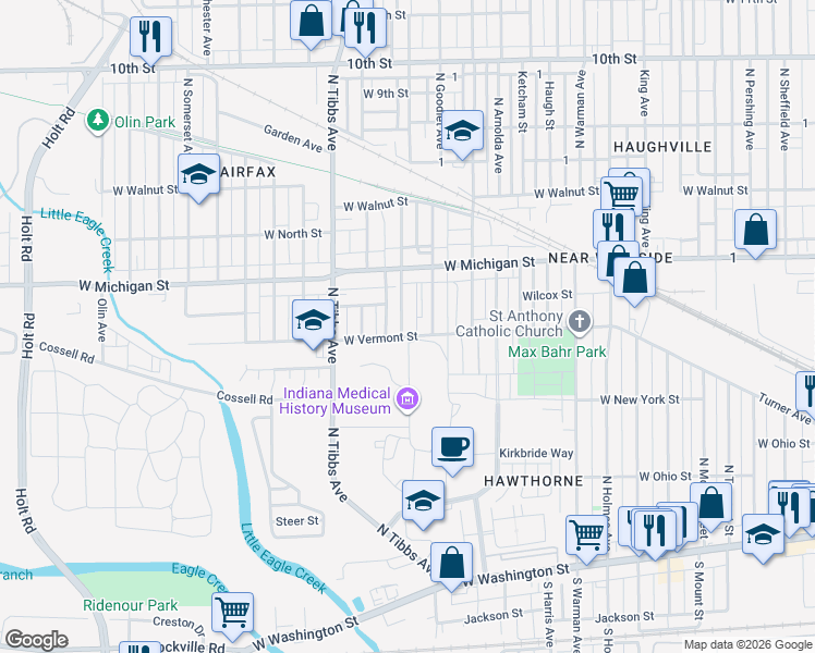 map of restaurants, bars, coffee shops, grocery stores, and more near 408 North Goodlet Avenue in Indianapolis