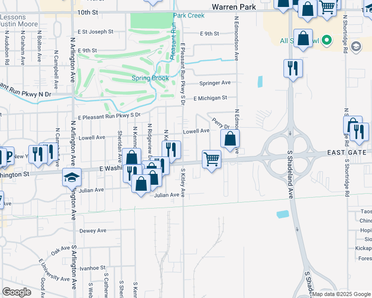 map of restaurants, bars, coffee shops, grocery stores, and more near 35 North Kitley Avenue in Indianapolis