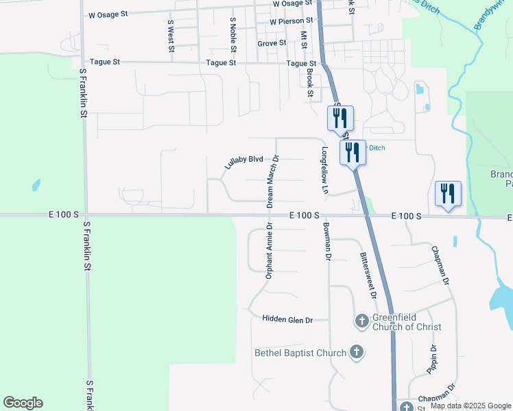 map of restaurants, bars, coffee shops, grocery stores, and more near 329 Bear Story Boulevard in Greenfield