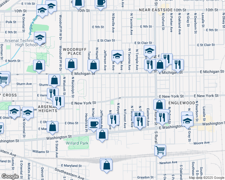map of restaurants, bars, coffee shops, grocery stores, and more near 343 North Beville Avenue in Indianapolis