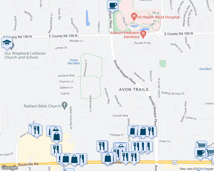 map of restaurants, bars, coffee shops, grocery stores, and more near 599 Prentiss Way in Avon