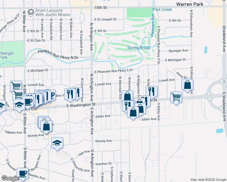 map of restaurants, bars, coffee shops, grocery stores, and more near 33 North Catherwood Avenue in Indianapolis