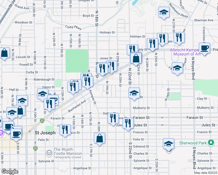map of restaurants, bars, coffee shops, grocery stores, and more near 638 Bon Ton Street in Saint Joseph