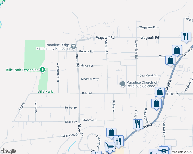 map of restaurants, bars, coffee shops, grocery stores, and more near 717 Madrone Way in Paradise