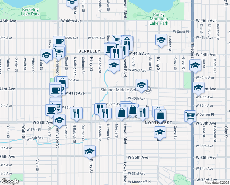 map of restaurants, bars, coffee shops, grocery stores, and more near 4021 Meade Street in Denver