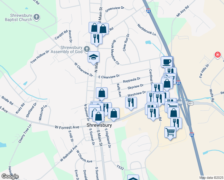 map of restaurants, bars, coffee shops, grocery stores, and more near 95 Skyview Drive in Shrewsbury