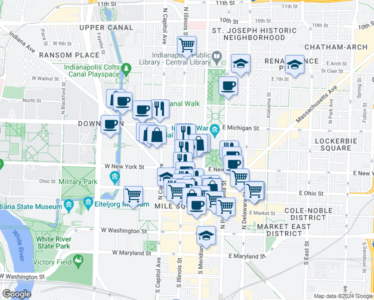 map of restaurants, bars, coffee shops, grocery stores, and more near 363 North Illinois Street in Indianapolis