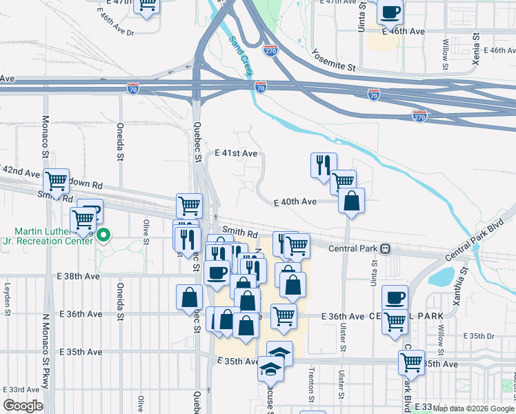 map of restaurants, bars, coffee shops, grocery stores, and more near 3980 Quebec Street in Denver