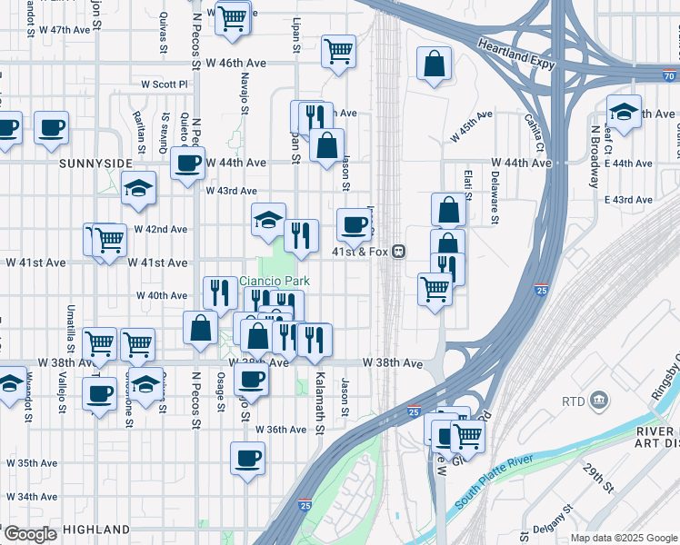 map of restaurants, bars, coffee shops, grocery stores, and more near 4041 Jason Street in Denver
