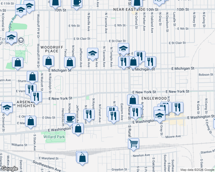 map of restaurants, bars, coffee shops, grocery stores, and more near 325 North Tacoma Avenue in Indianapolis
