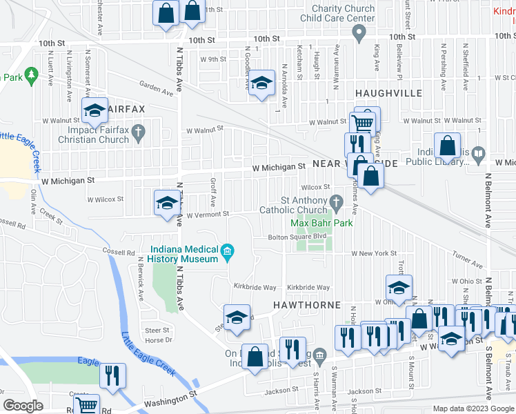 map of restaurants, bars, coffee shops, grocery stores, and more near 3112 West Vermont Street in Indianapolis