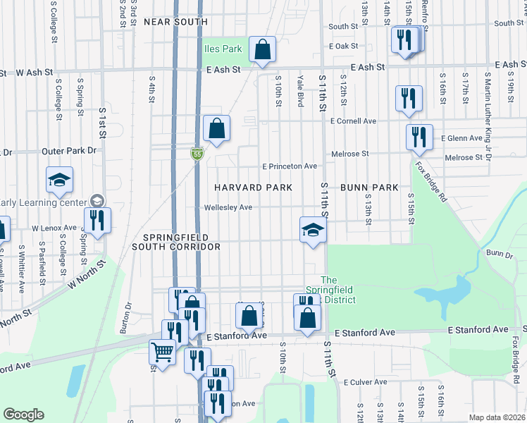 map of restaurants, bars, coffee shops, grocery stores, and more near 2404 South 9th Street in Springfield