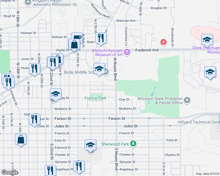 map of restaurants, bars, coffee shops, grocery stores, and more near 2712 Union Street in Saint Joseph