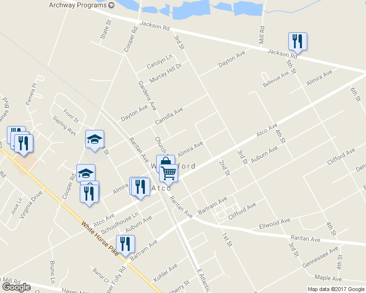 map of restaurants, bars, coffee shops, grocery stores, and more near 2289 Almira Avenue in Atco