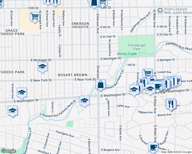 map of restaurants, bars, coffee shops, grocery stores, and more near 302 North Emerson Avenue in Indianapolis