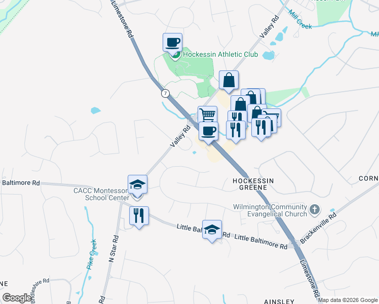 map of restaurants, bars, coffee shops, grocery stores, and more near 32 Emandan Lane in Hockessin