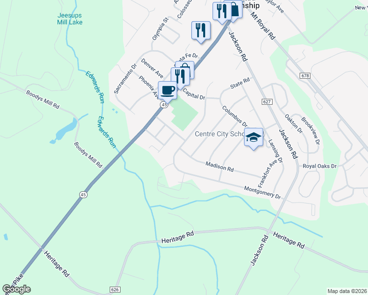 map of restaurants, bars, coffee shops, grocery stores, and more near 663 Bismarck Avenue in Mantua Township