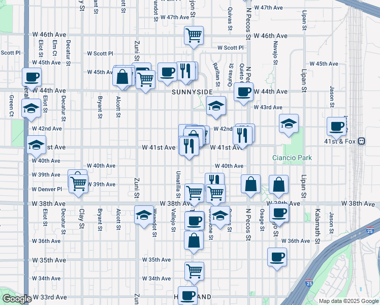 map of restaurants, bars, coffee shops, grocery stores, and more near 4040 Umatilla Street in Denver