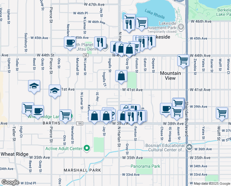 map of restaurants, bars, coffee shops, grocery stores, and more near 4065 North Harlan Street in Wheat Ridge