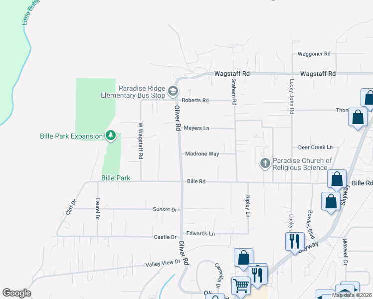 map of restaurants, bars, coffee shops, grocery stores, and more near 659 Madrone Way in Paradise