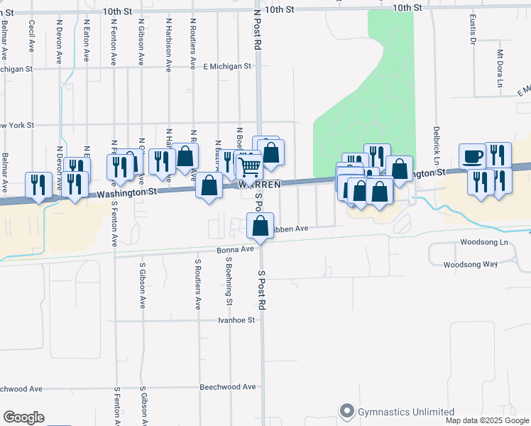 map of restaurants, bars, coffee shops, grocery stores, and more near 33 South Post Road in Indianapolis