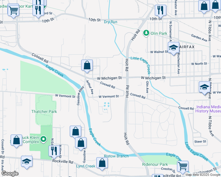 map of restaurants, bars, coffee shops, grocery stores, and more near 4031 Cossell Road in Indianapolis