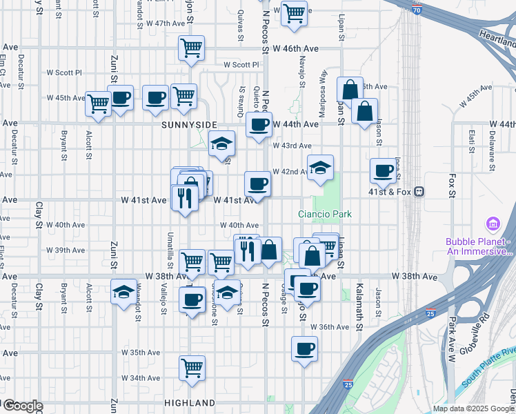 map of restaurants, bars, coffee shops, grocery stores, and more near 1752 West 41st Avenue in Denver