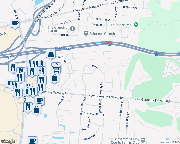 map of restaurants, bars, coffee shops, grocery stores, and more near 2958 Sassafras Ln in Beavercreek