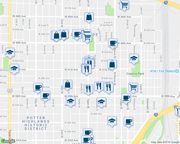 map of restaurants, bars, coffee shops, grocery stores, and more near 4044 Tejon Street in Denver