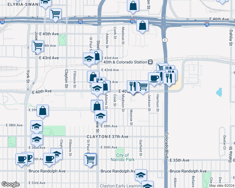 map of restaurants, bars, coffee shops, grocery stores, and more near 3973 Cook Street in Denver