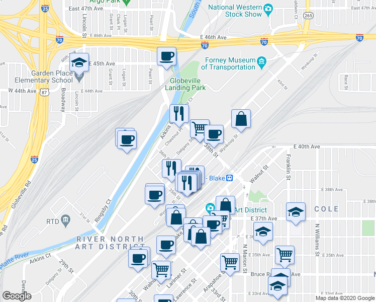 map of restaurants, bars, coffee shops, grocery stores, and more near 3646 Delgany Street in Denver