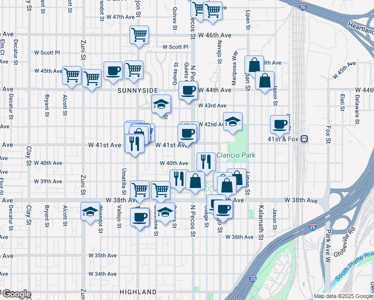 map of restaurants, bars, coffee shops, grocery stores, and more near 1752 West 41st Avenue in Denver